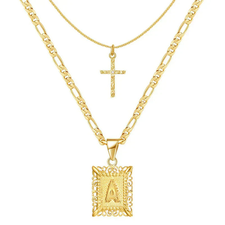 Conjunto de Collares de Oro con Inicial y Cruz
