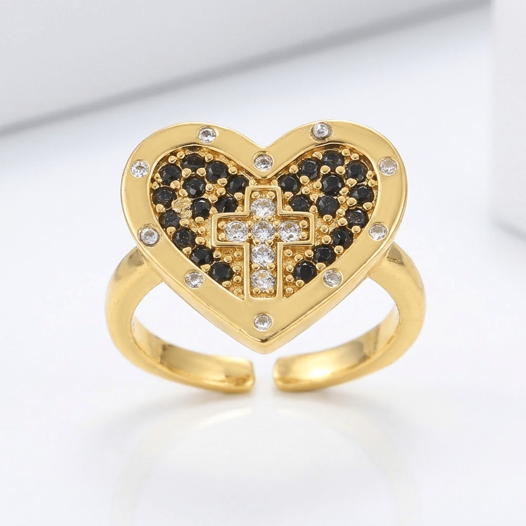 ANILLO DE PLATA CON CORAZÓN Y CRUZ COLORIDO - (AJUSTABLE)