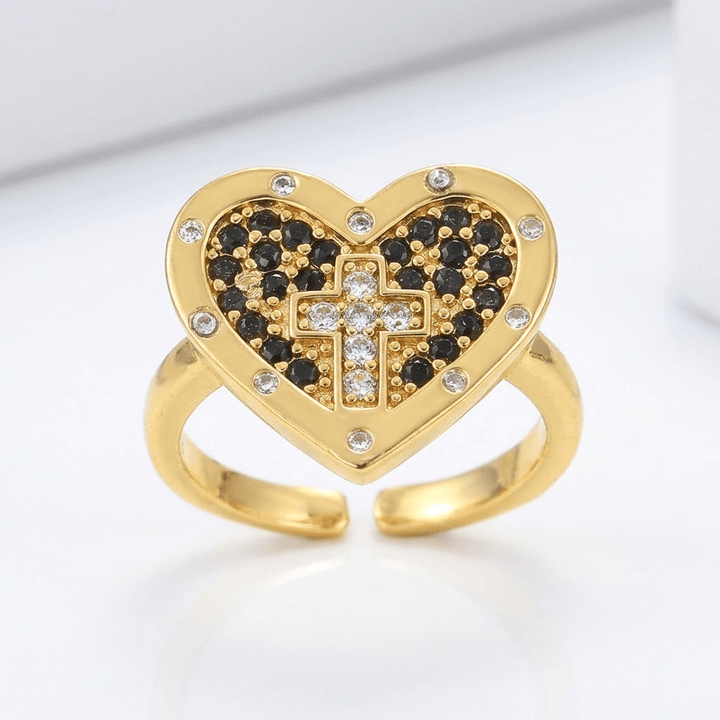 ANILLO DE PLATA CON CORAZÓN Y CRUZ COLORIDO - (AJUSTABLE)