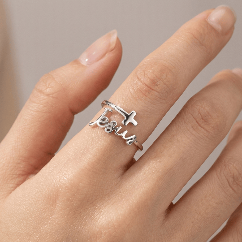 ANILLO DE JESÚS Y FE EN PLATA - (AJUSTABLE)