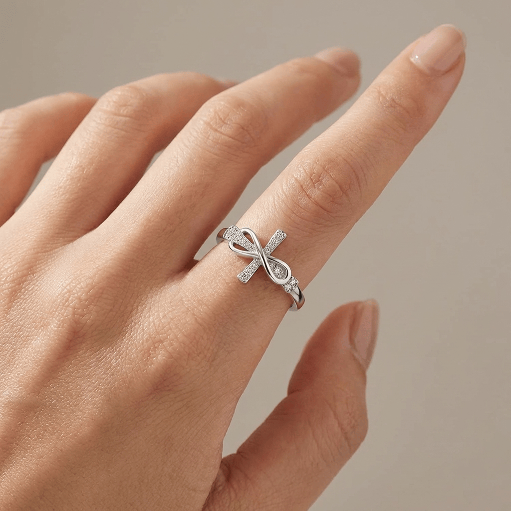 ANILLO DE PLATA CON CRUZ Y LAZO - (AJUSTABLE)