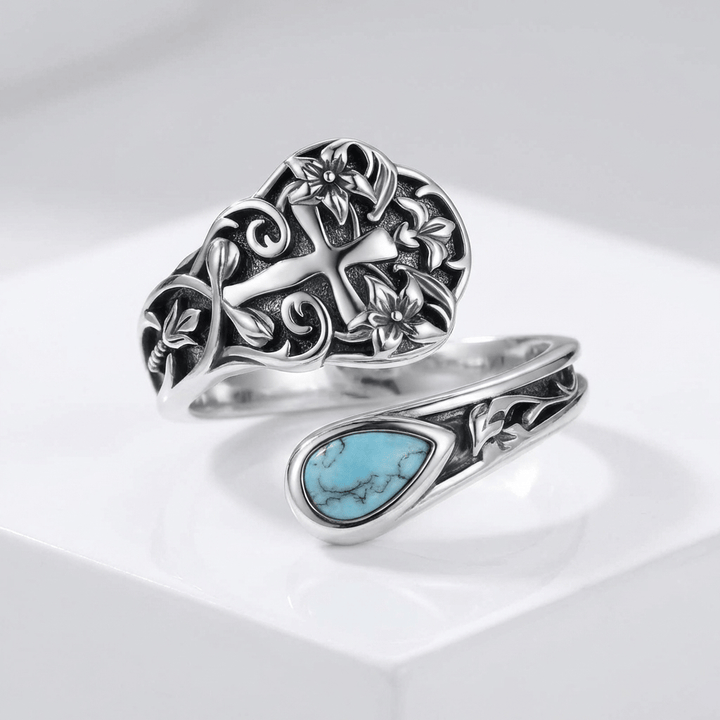 ANILLO FLORAL CRUZ TURQUESA GRACIA - (AJUSTABLE)