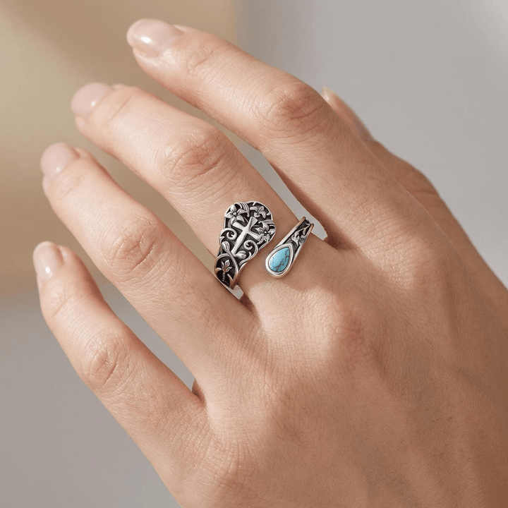 ANILLO FLORAL CRUZ TURQUESA GRACIA - (AJUSTABLE)