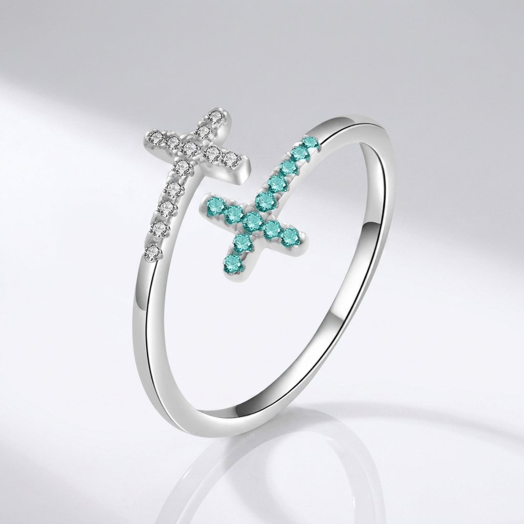 CROSS AZUL TIFFANY CON PIEDRAS DE ZIRCÓN - (AJUSTABLE)