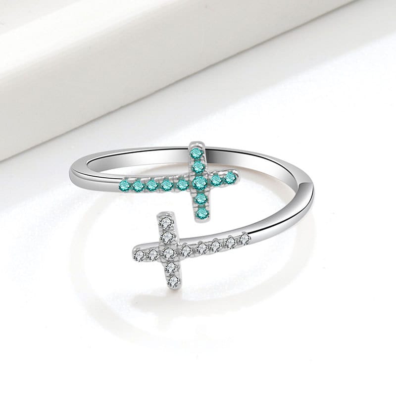 CROSS AZUL TIFFANY CON PIEDRAS DE ZIRCÓN - (AJUSTABLE)