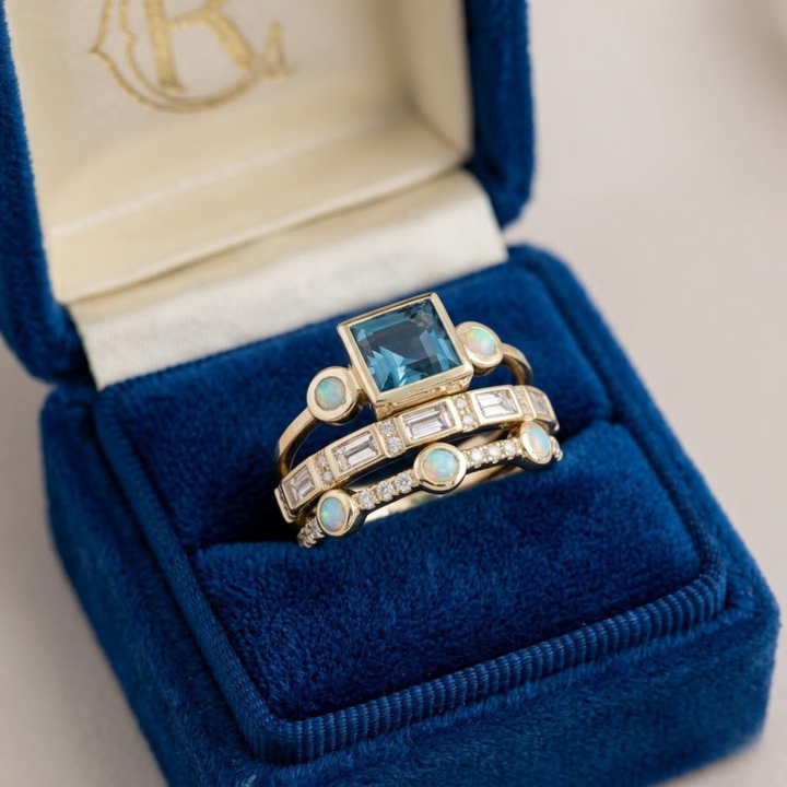 Conjunto de Anillos de Cristal Azul Vintage