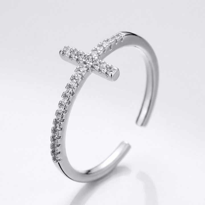 ANILLO CRUZ DE BRILLANTE PLATA - (AJUSTABLE)