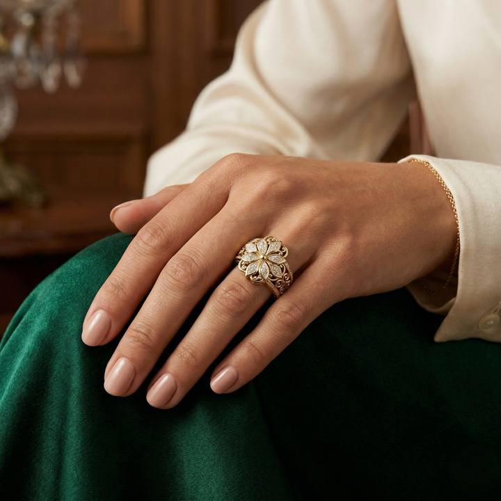Anillo Exótico Floral en Oro con Circonita | Oro
