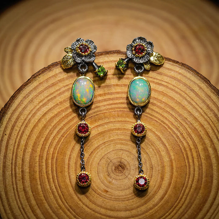 Pendientes boho con ópalo y circonita roja