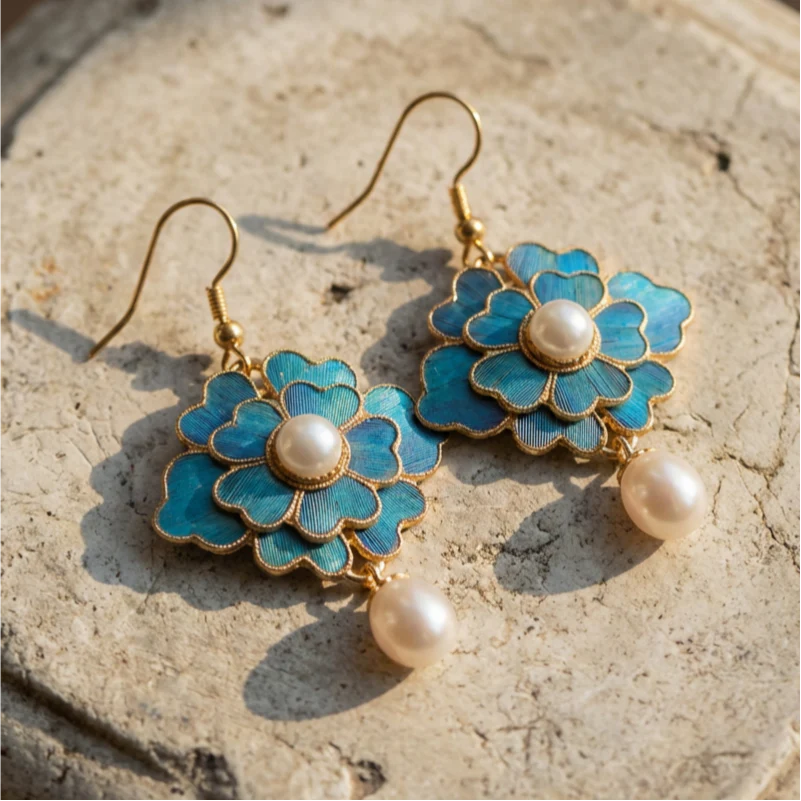 Pendientes colgantes vintage con perlas y lotos azules