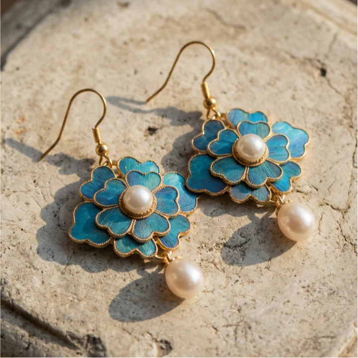 Pendientes colgantes vintage con perlas y lotos azules