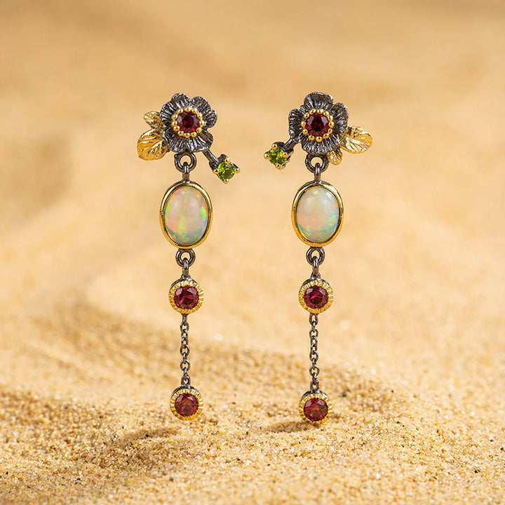 Pendientes boho con ópalo y circonita roja