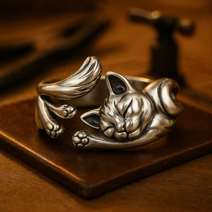 Anillo Vintage con Gato en Plata (Ajustable)