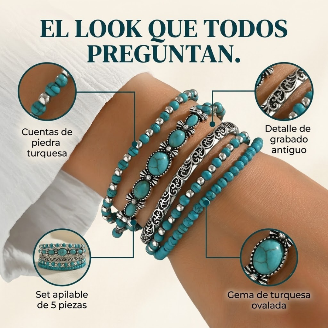 Conjunto de Pulseras Boho con Cuentas Turquesa