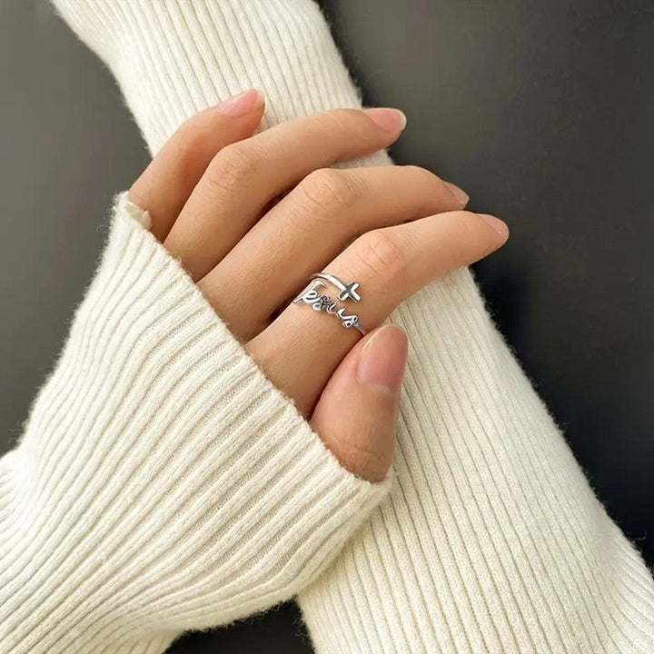 ANILLO DE JESÚS Y FE EN PLATA - (AJUSTABLE)