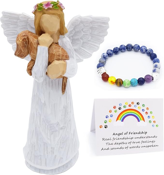 Set Conmemorativo Para Perro Con Figura Ángel de La Amistad y Pulsera Chakra Puente Arcoíris