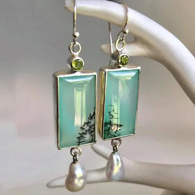 Pendientes vintage rectangulares con piedra turquesa y perla