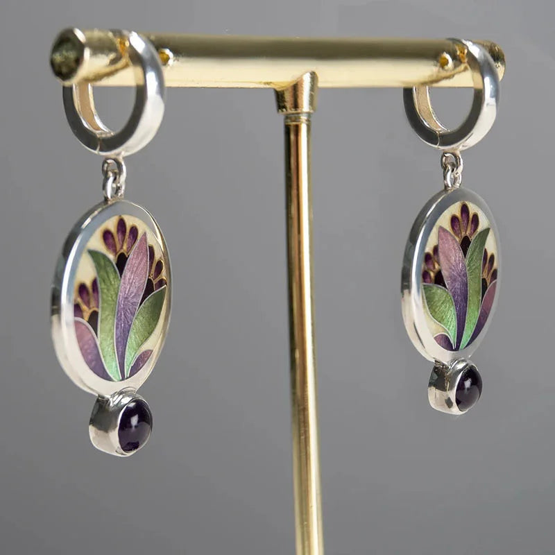 Pendientes boho con cristales morados en plata de ley