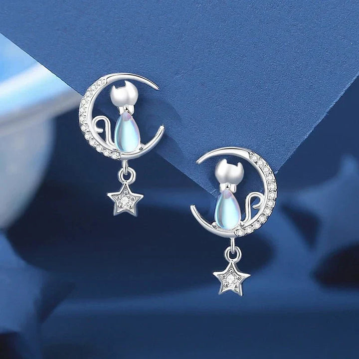 Pendientes De Gato Con Luna Y Estrella En Plata De Ley 925 Con Circonitas