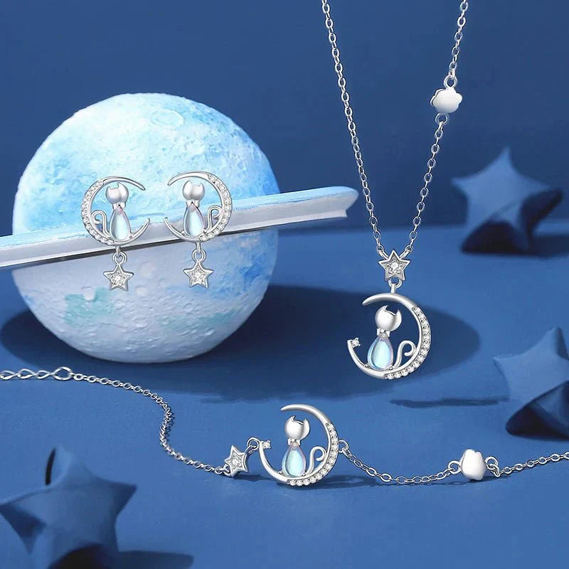 Pendientes De Gato Con Luna Y Estrella En Plata De Ley 925 Con Circonitas