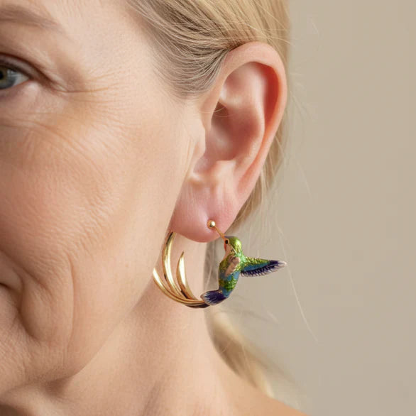 Pendientes de aro vintage con colibrí esmaltado