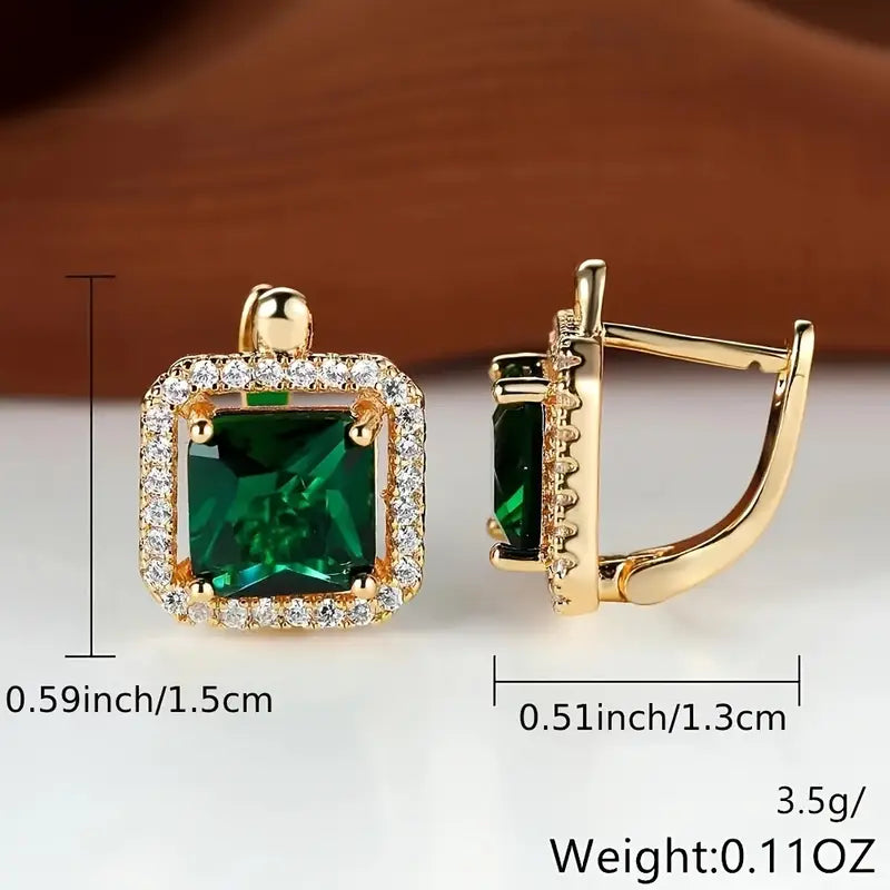 Pendientes dorados con circonita verde cuadrada