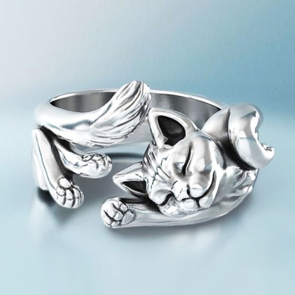 Anillo Vintage de Gato en Plata (Ajustable)