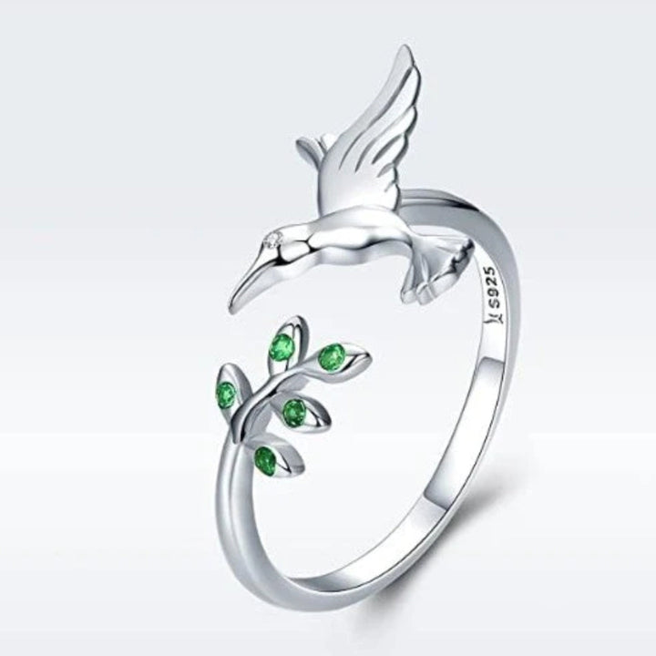 Anillo Colibrí con circonitas verdes en plata (Ajustable)
