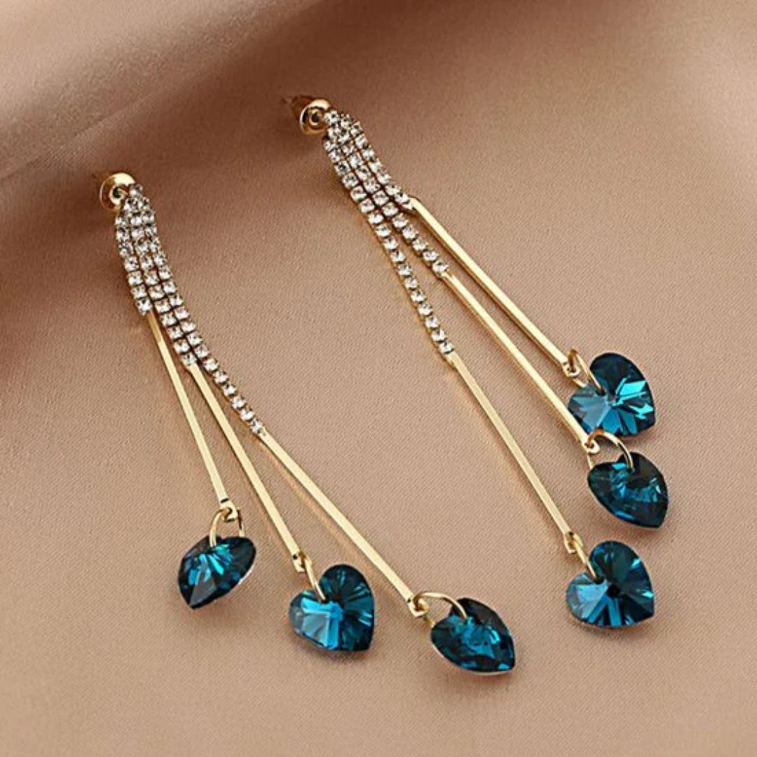 Pendientes de Lluvia en Forma de Corazón de Cristal Azul Elegante
