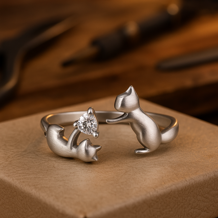 Anillo Ajustable en Plata de Ley con Gato Divertido y Circonita