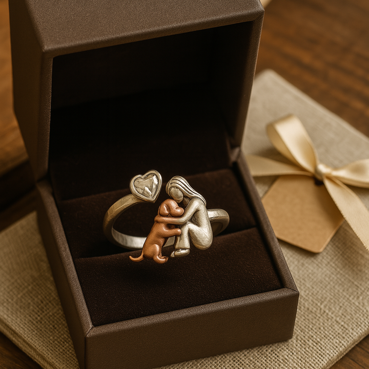 Anillo De Perro Artesanal De Plata Con Circonita En Forma De Corazón (Ajustable)
