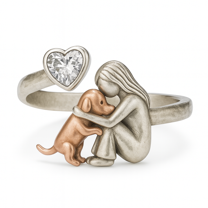 Anillo De Perro Artesanal De Plata Con Circonita En Forma De Corazón (Ajustable)