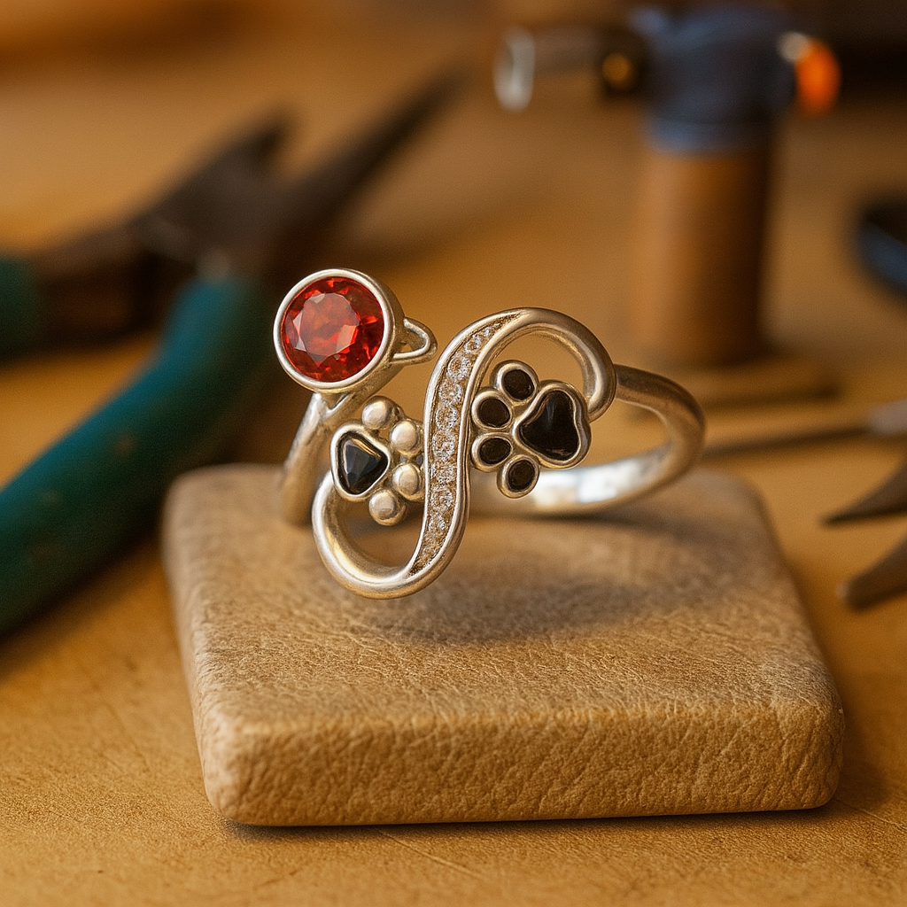 Anillo Con Huellas Negras Y Piedra Preciosa Roja (Ajustable)