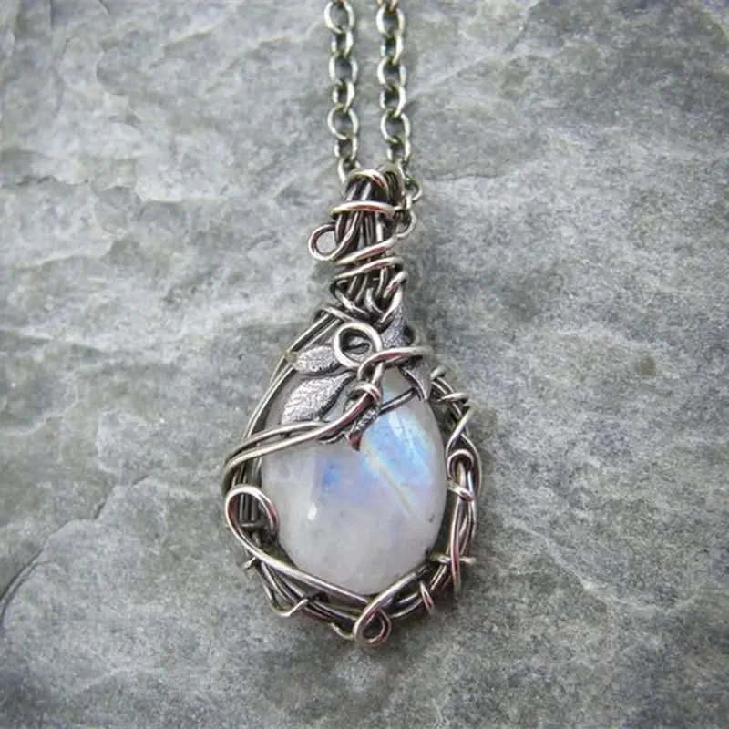 Collar con piedra lunar - Colgante de alambre metálico