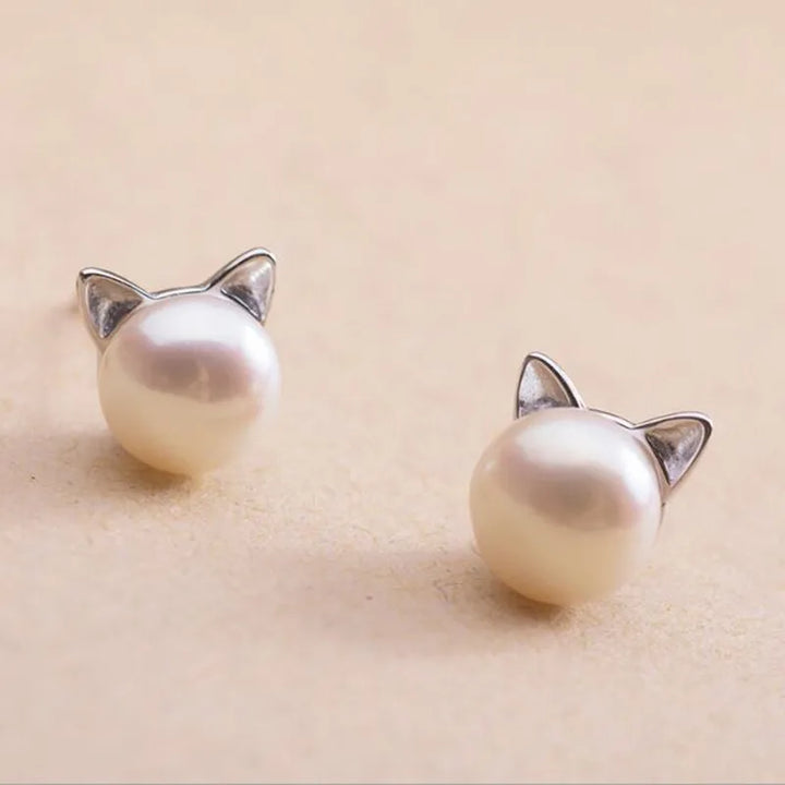 Pendientes de Plata de Ley con Perla y Gato