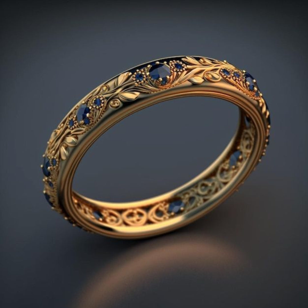 Anillo Exótico Fino con Hoja y Circonita Azul