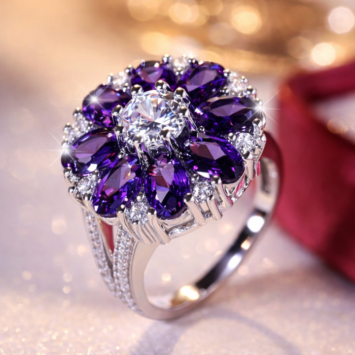 Anillo de plata con flor morada