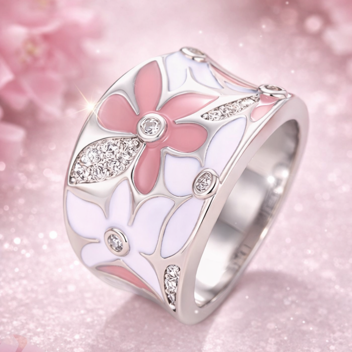 Anillo vintage de plata con flor rosa