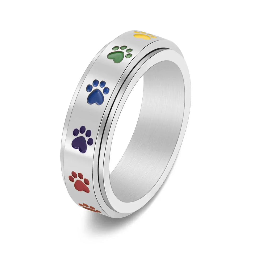 Anillo Giratorio Antiestrés Con Huellas Arcoíris En Acero Inoxidable