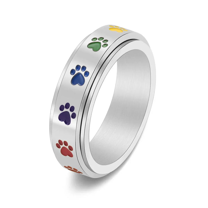 Anillo Giratorio Antiestrés Con Huellas Arcoíris En Acero Inoxidable