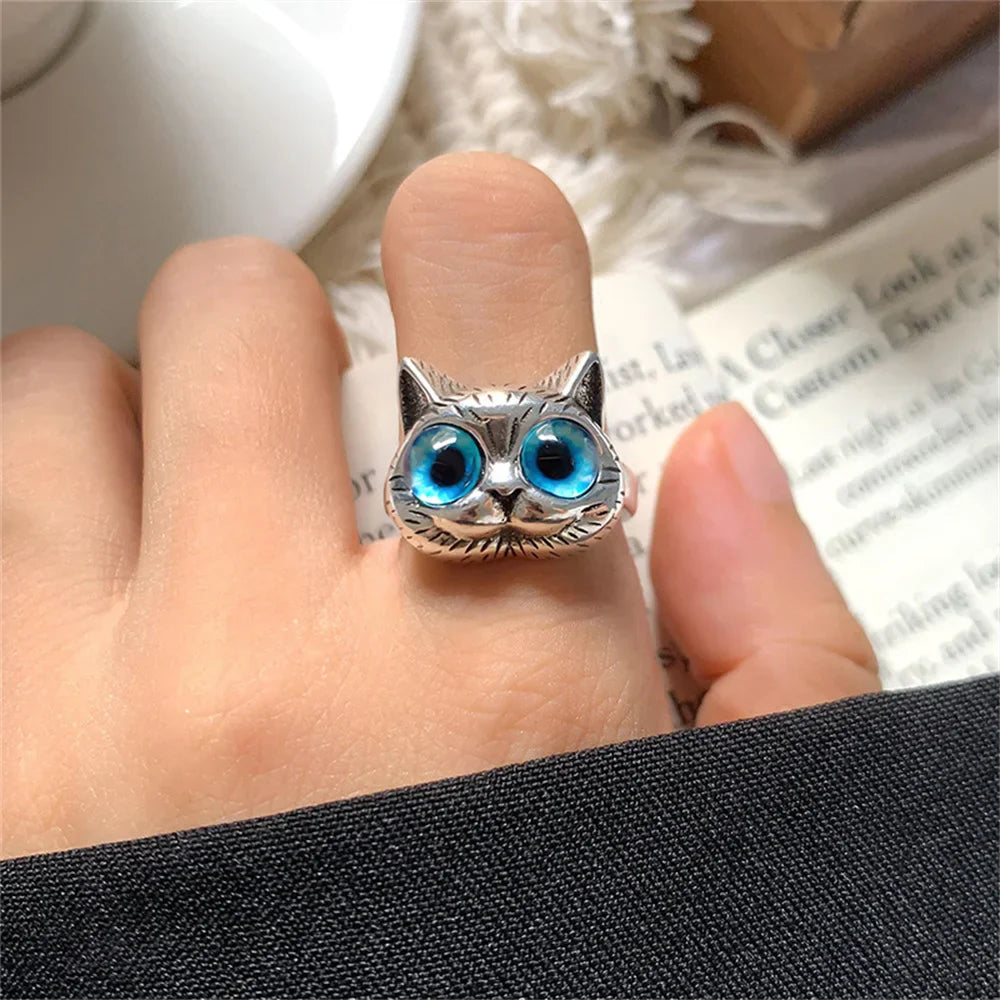 Anillo Con Gato De Ojos Azules – Anillo Vintage Juguetón En Plata Para Los Amantes De Los Gatos