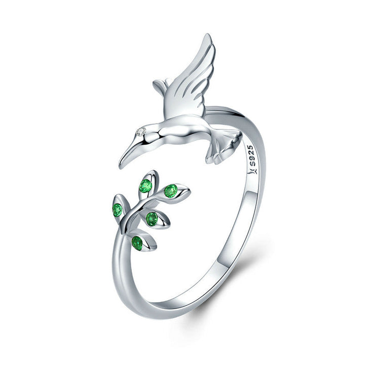Anillo Colibrí con circonitas verdes en plata (Ajustable)