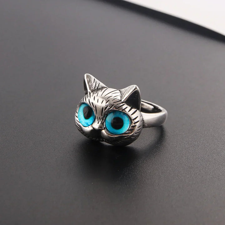 Anillo Con Gato De Ojos Azules – Anillo Vintage Juguetón En Plata Para Los Amantes De Los Gatos