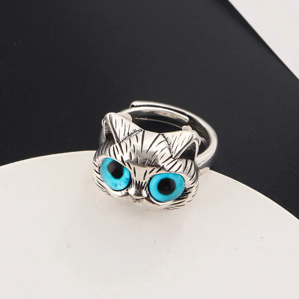 Anillo Con Gato De Ojos Azules – Anillo Vintage Juguetón En Plata Para Los Amantes De Los Gatos