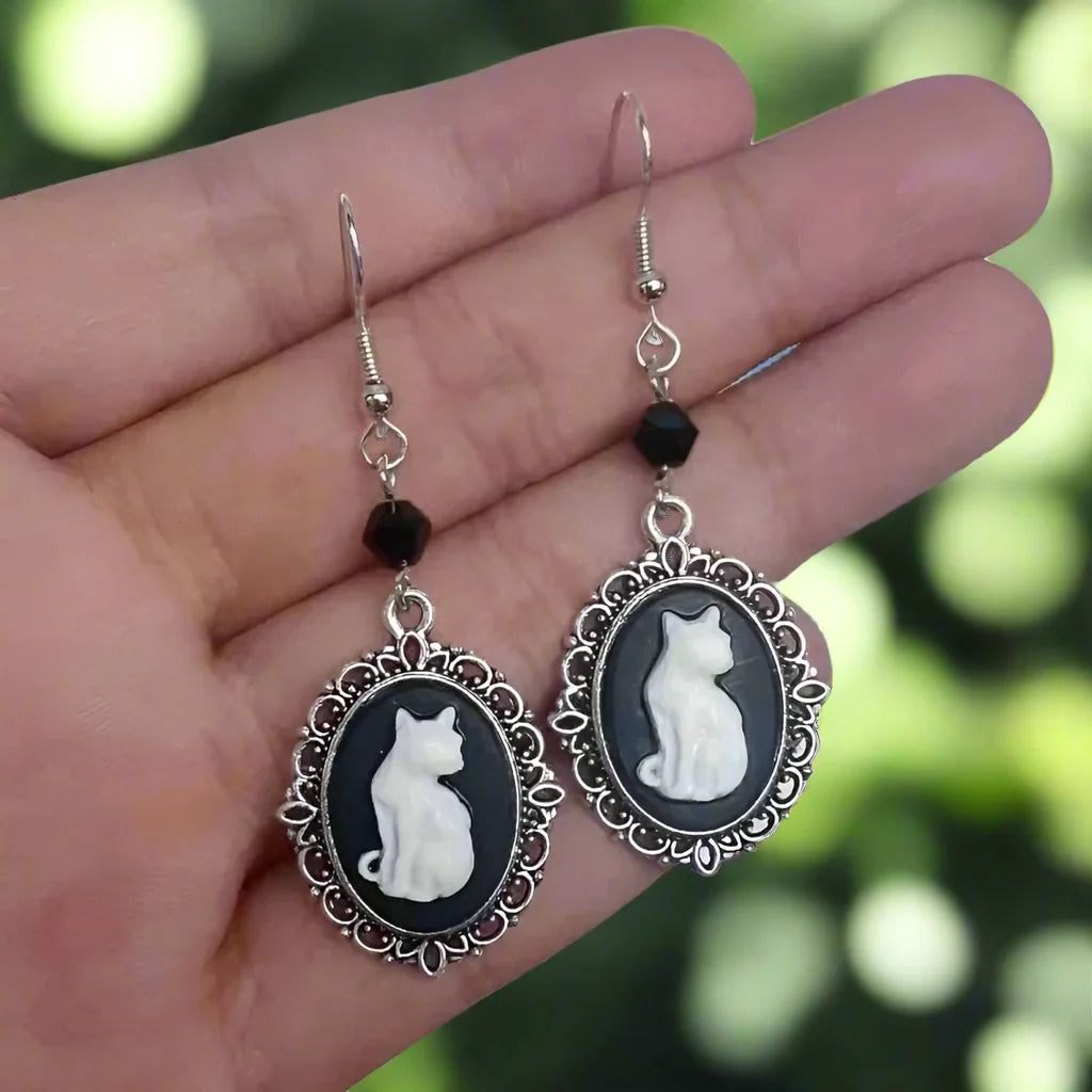Pendientes Colgantes Vintage White Cat – Joyas Con Montura De Plata Para Mujer
