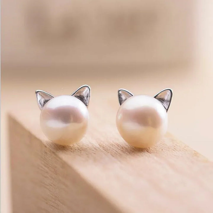 Pendientes de plata de ley con perlas en forma de gato