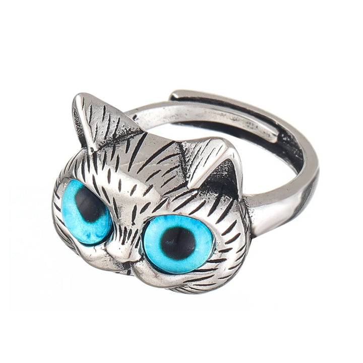 Anillo Con Gato De Ojos Azules – Anillo Vintage Juguetón En Plata Para Los Amantes De Los Gatos
