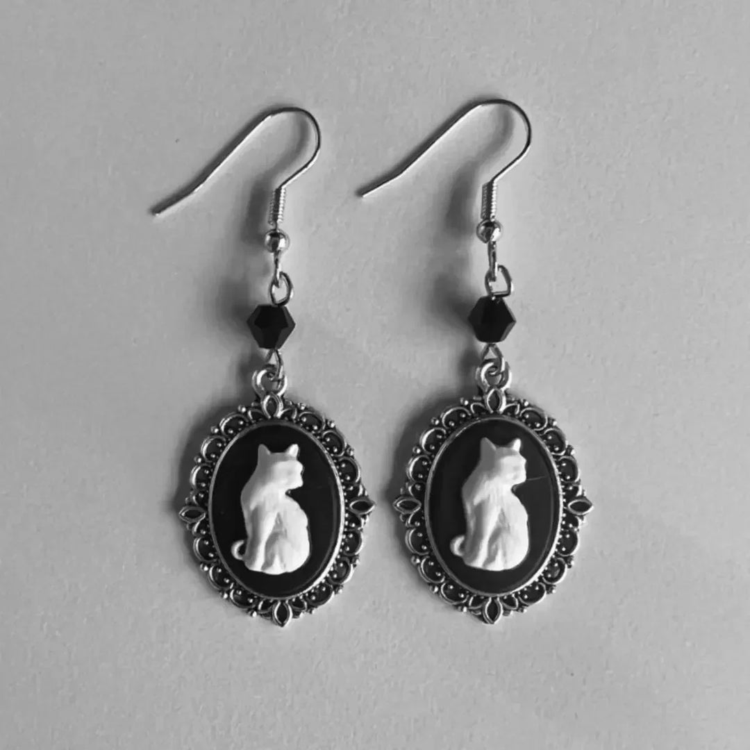 Pendientes Colgantes Vintage White Cat – Joyas Con Montura De Plata Para Mujer