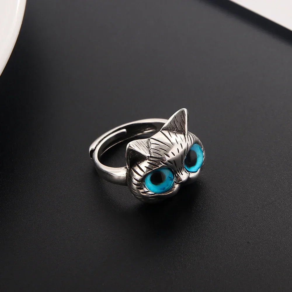 Anillo Con Gato De Ojos Azules – Anillo Vintage Juguetón En Plata Para Los Amantes De Los Gatos