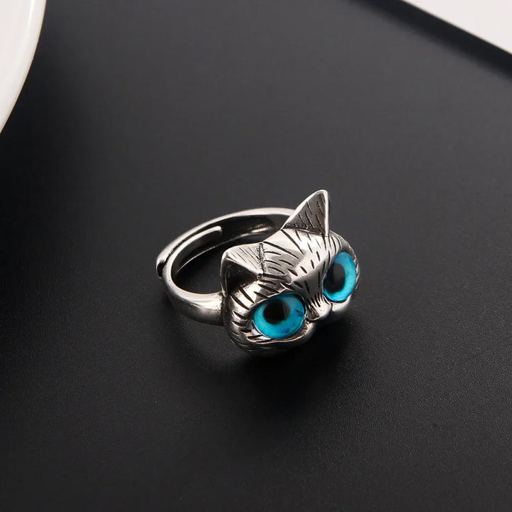 Anillo Con Gato De Ojos Azules – Anillo Vintage Juguetón En Plata Para Los Amantes De Los Gatos